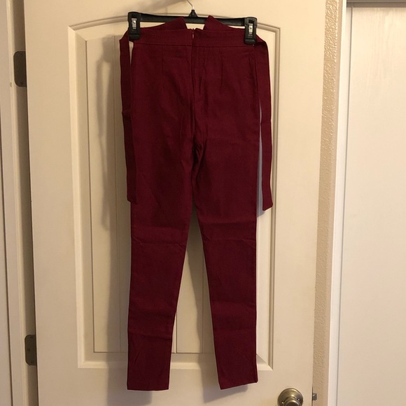 Burgundy Wine High Waist Paperbag Bow Tie Pants - Picture 3 of 11